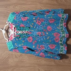 Matilda Jane Blue Floral Tunic with Pink Roses and Green Accents